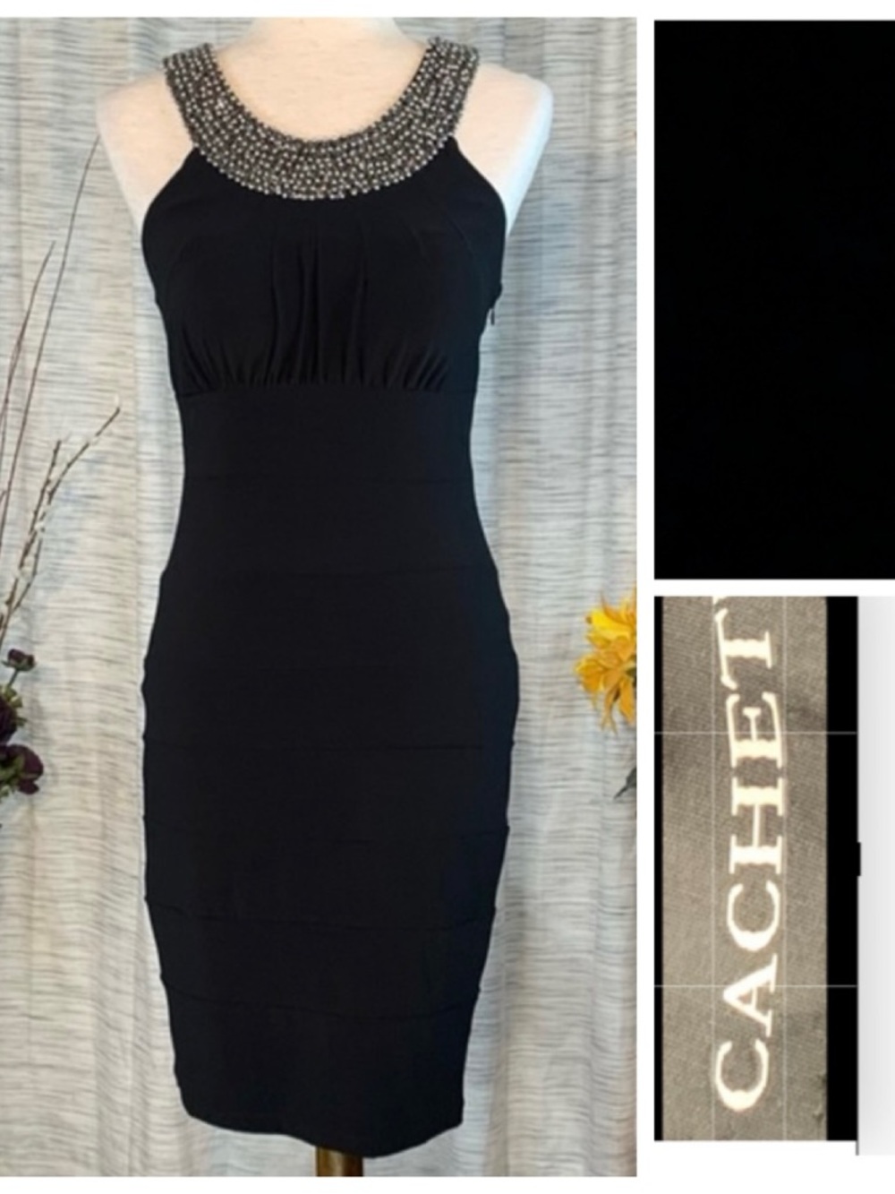 Cachet black sleeveless body-con party dress.